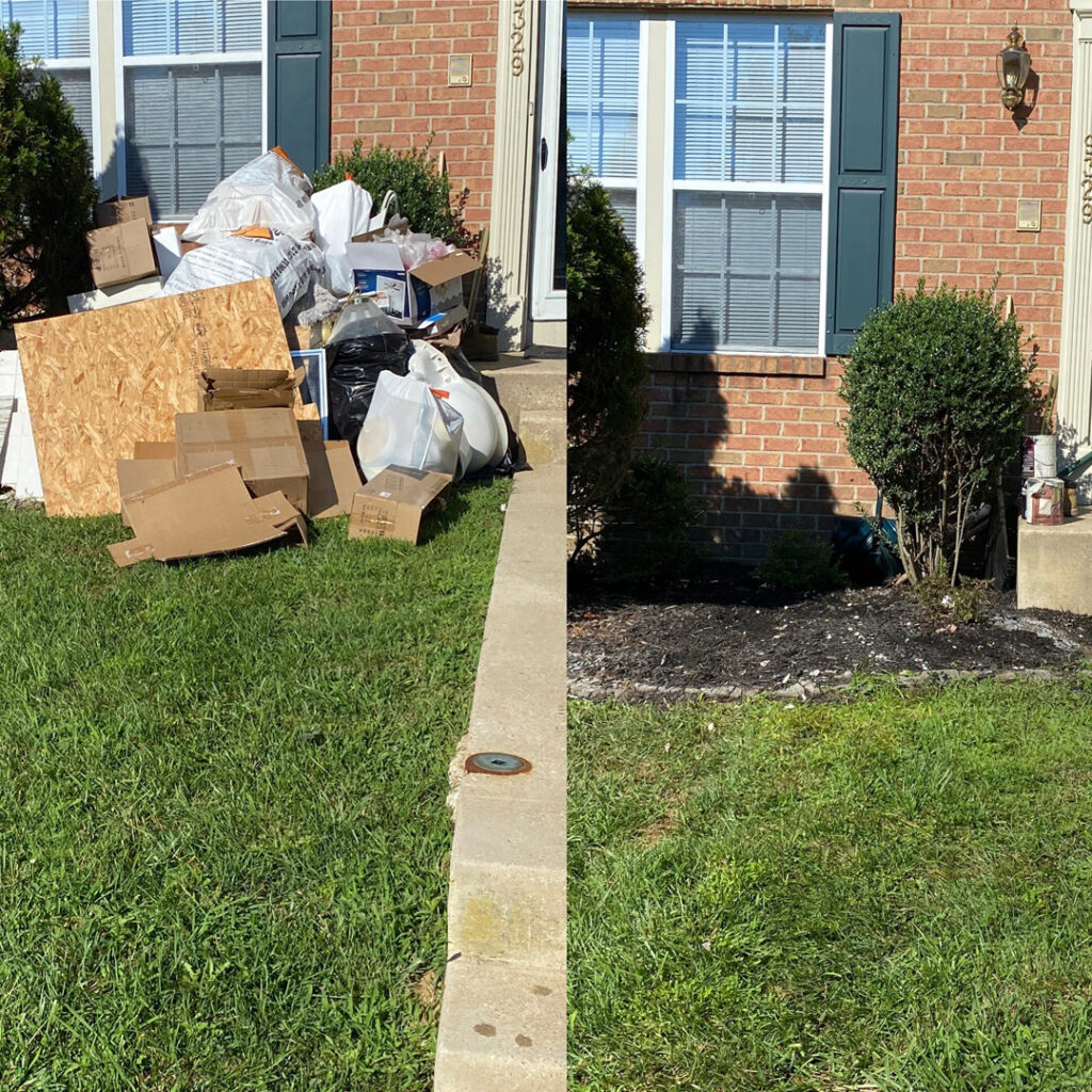 In front of the same house a picture of before and after garbage cleaning